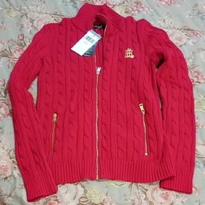 Ralph Lauren Red Knit Sweater with Gold Zipper